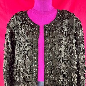 Vintage Laurence Kazar Beaded Sequin Silk Appliqué Black Jacket 3X Glam Evening